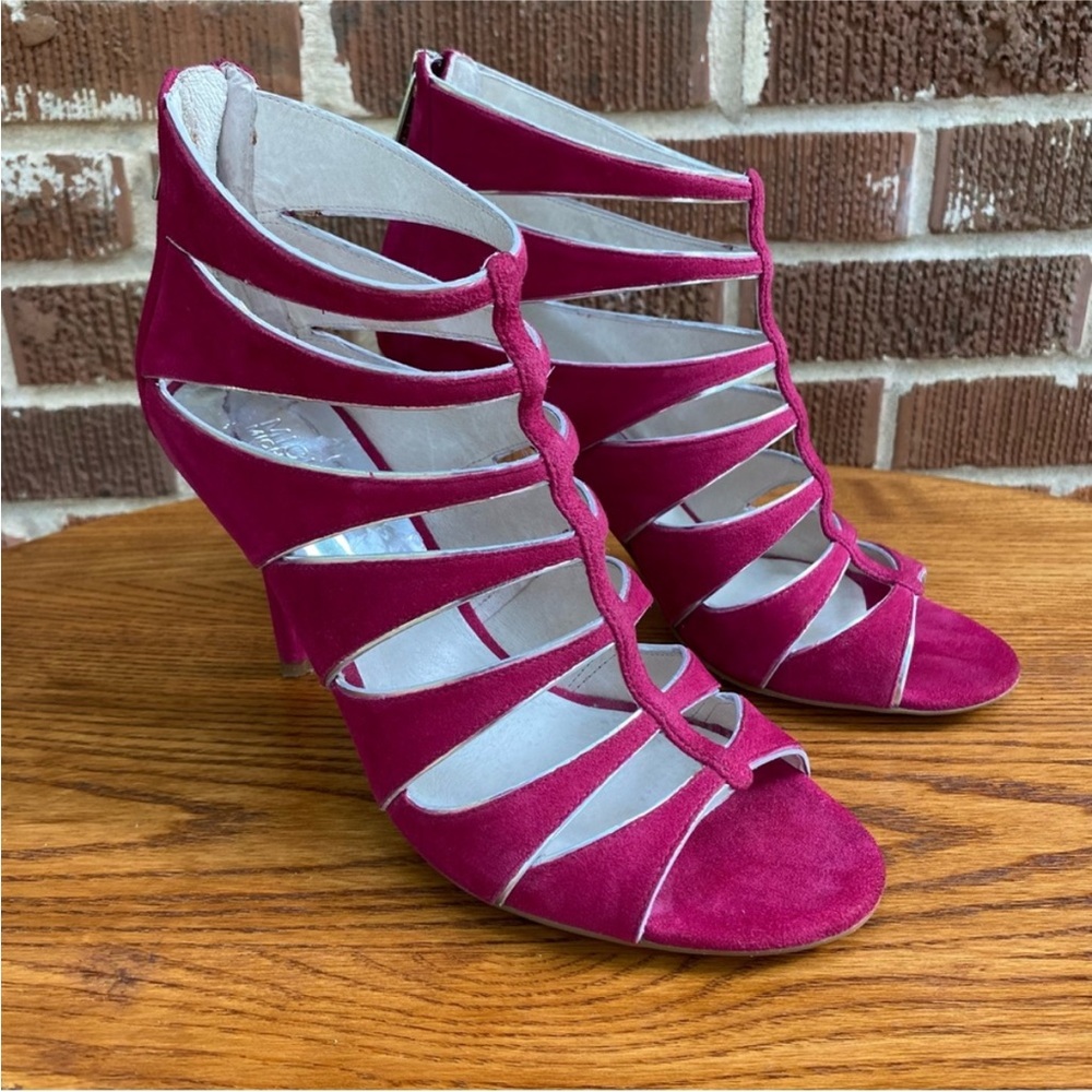 Michael Kors Mavis Hot Pink high heels faux suede Leather Sandals Sz 8.5
